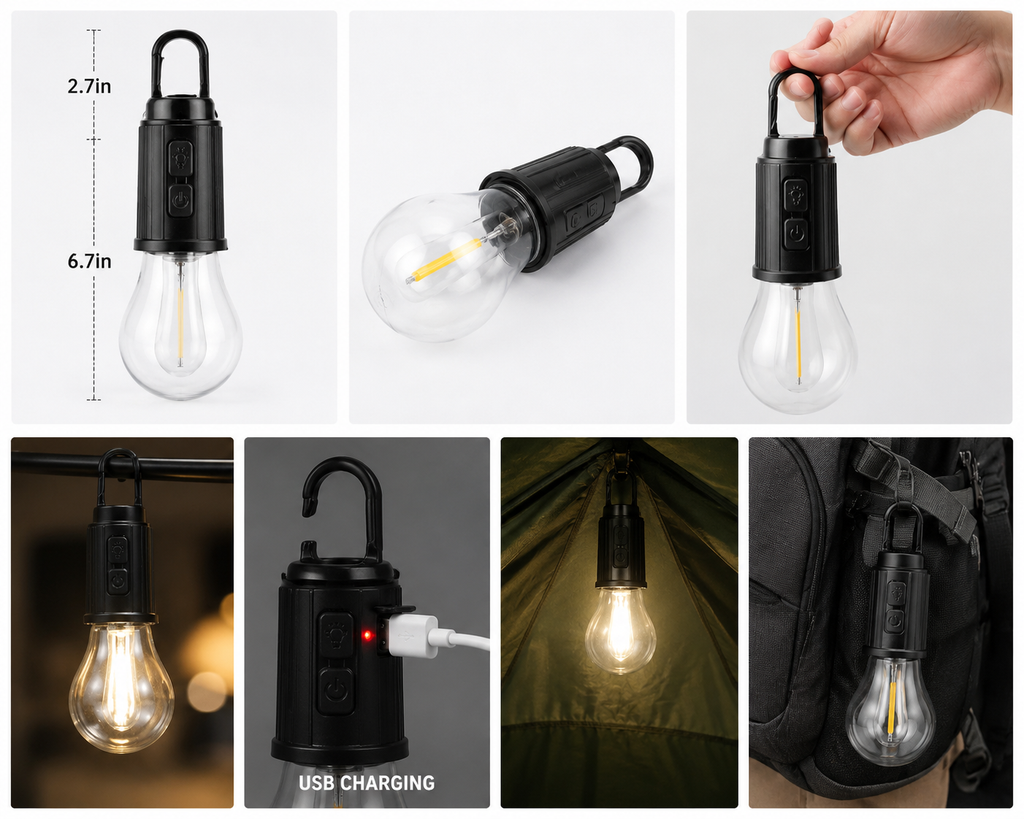 Decorative Hanging Bulb with 3 Modes Tent Lamp for Camping Pac of 2